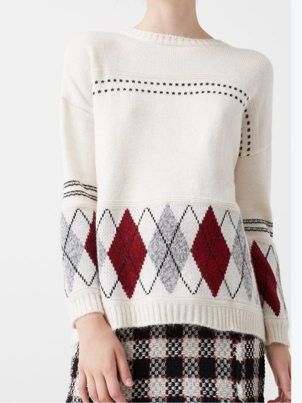 Mango Red/Gray Argyle Pattern Oversized Pullover Sweater Size Small